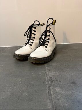 Dr. Martens White Leather Lace-Up Combat Boots with Black Trim